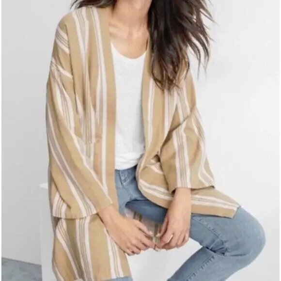 Eileen Fisher Jackets & Blazers - Eileen Fisher White Khaki Striped Organic Cotton Doubleweave Kimono Jacket Sm